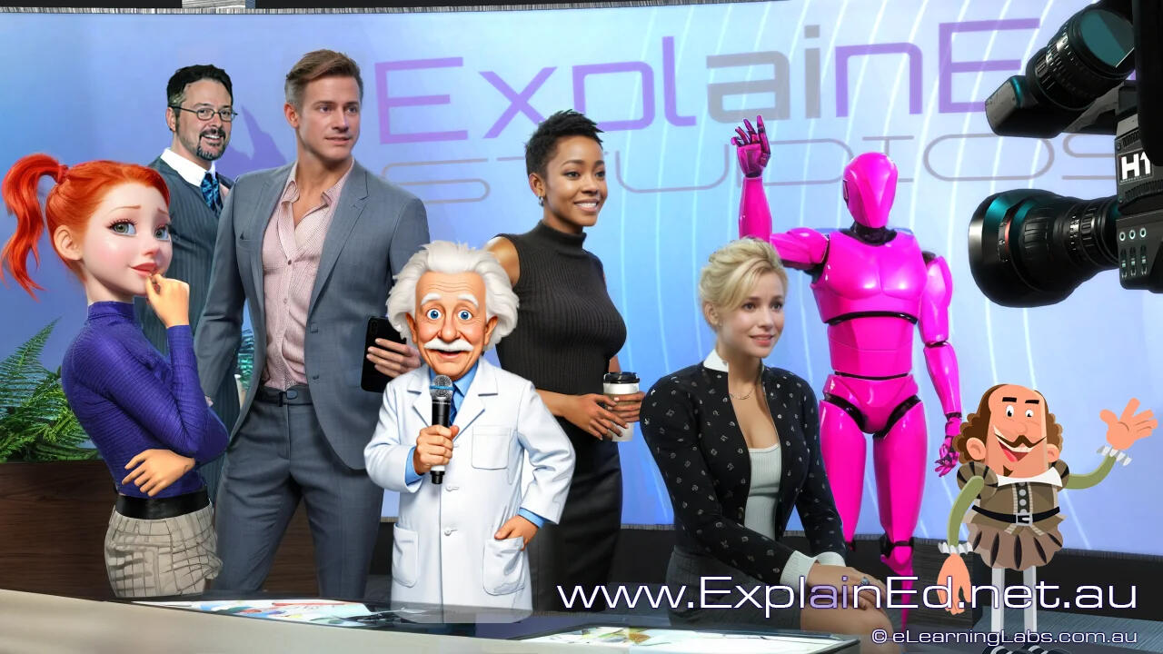 ExplainED on-demand, interactive classroom lessons from eLearningLabs | The cast. AI-powered classroom lessons